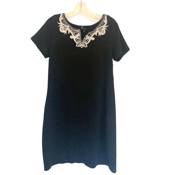 Talbots Black Shift Dress Medium Womens Embroidered Neck Party Preppy Minimalist - Picture 1 of 7